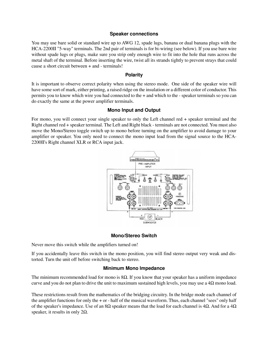 Parasound HCA-2200II Speaker connections, Polarity, Mono lnput and Output, Mono/Stereo Switch, Minimum Mono lmpedance 