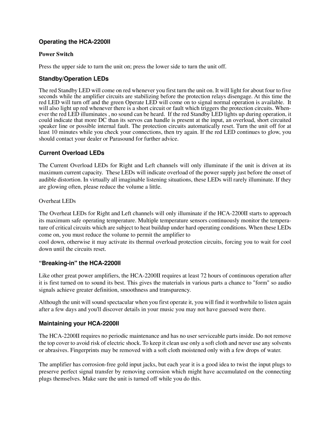 Parasound Operating the HCA-2200II, Standby/Operation LEDs, Current Overload LEDs, Breaking-in the HCA-2200II 