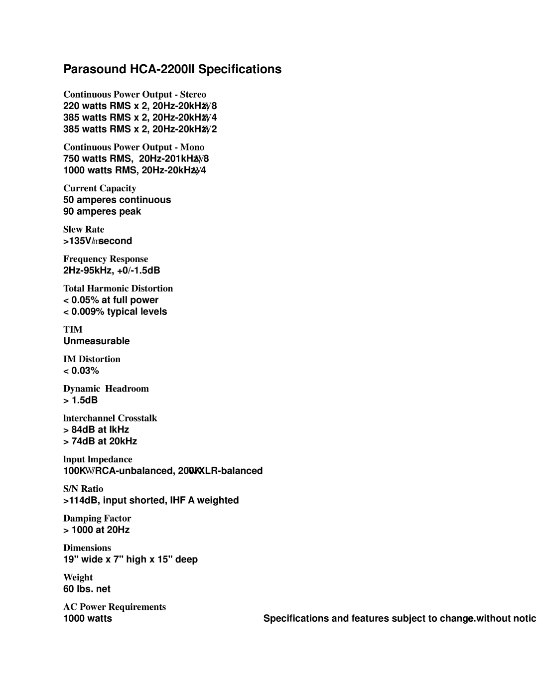 Parasound owner manual Parasound HCA-2200II Specifications, Tim 