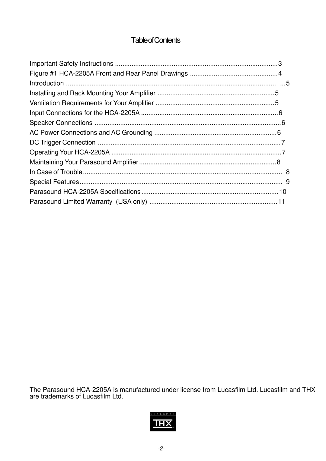 Parasound HCA-2205A owner manual TableofContents 