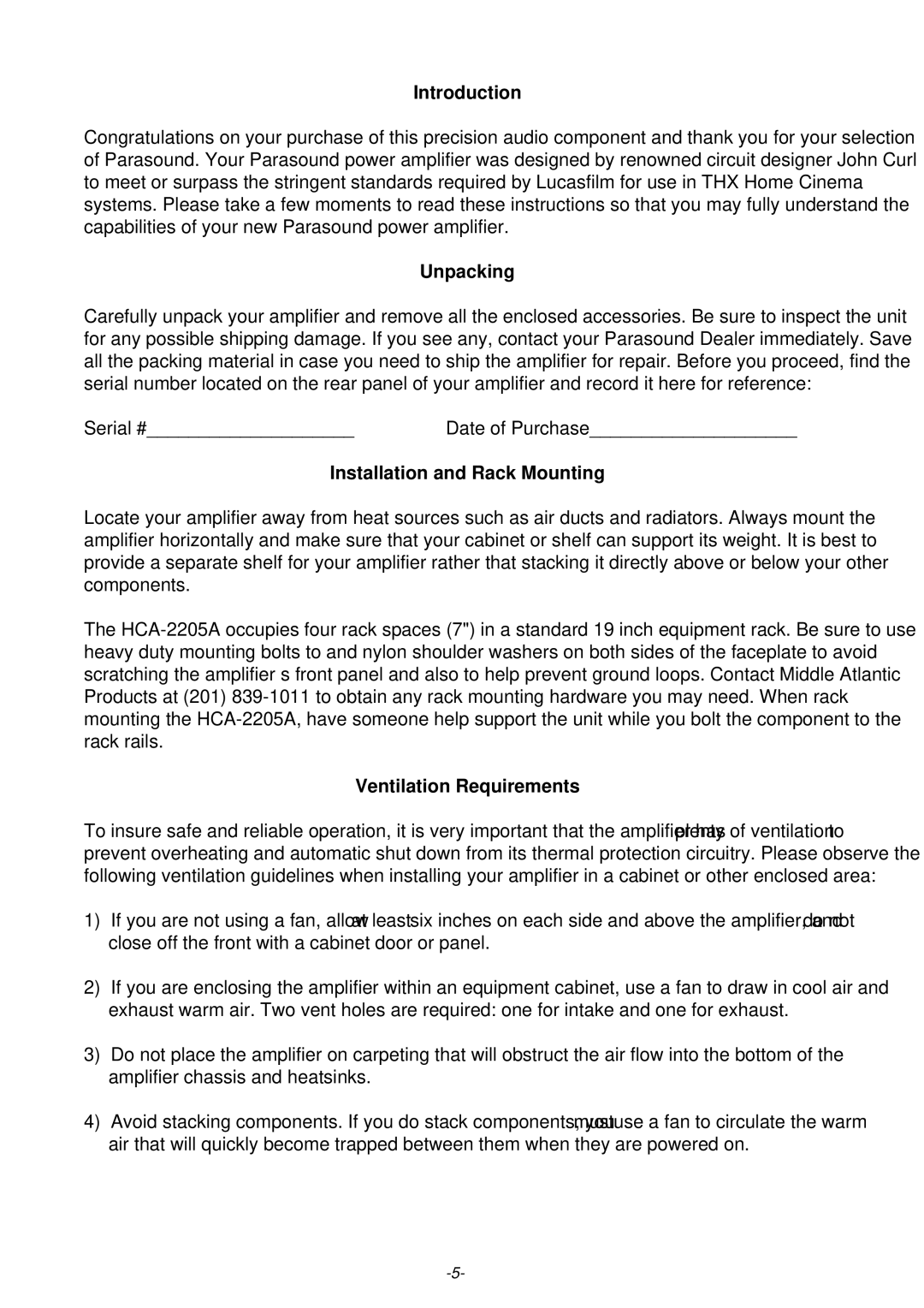 Parasound HCA-2205A owner manual Unpacking, Installation and Rack Mounting, Ventilation Requirements 