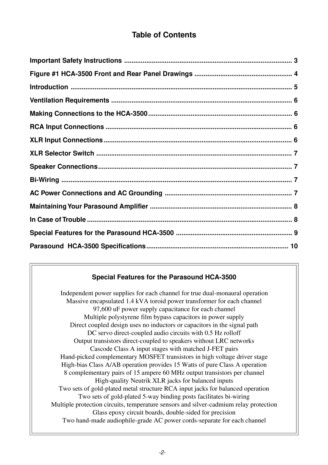 Parasound HCA-3500 owner manual Table of Contents 