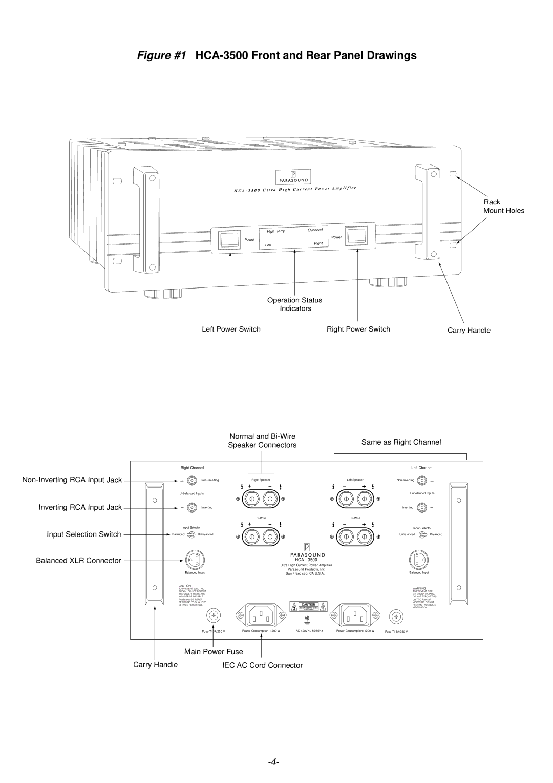 Parasound owner manual Figure #1 HCA-3500 Front and Rear Panel Drawings 