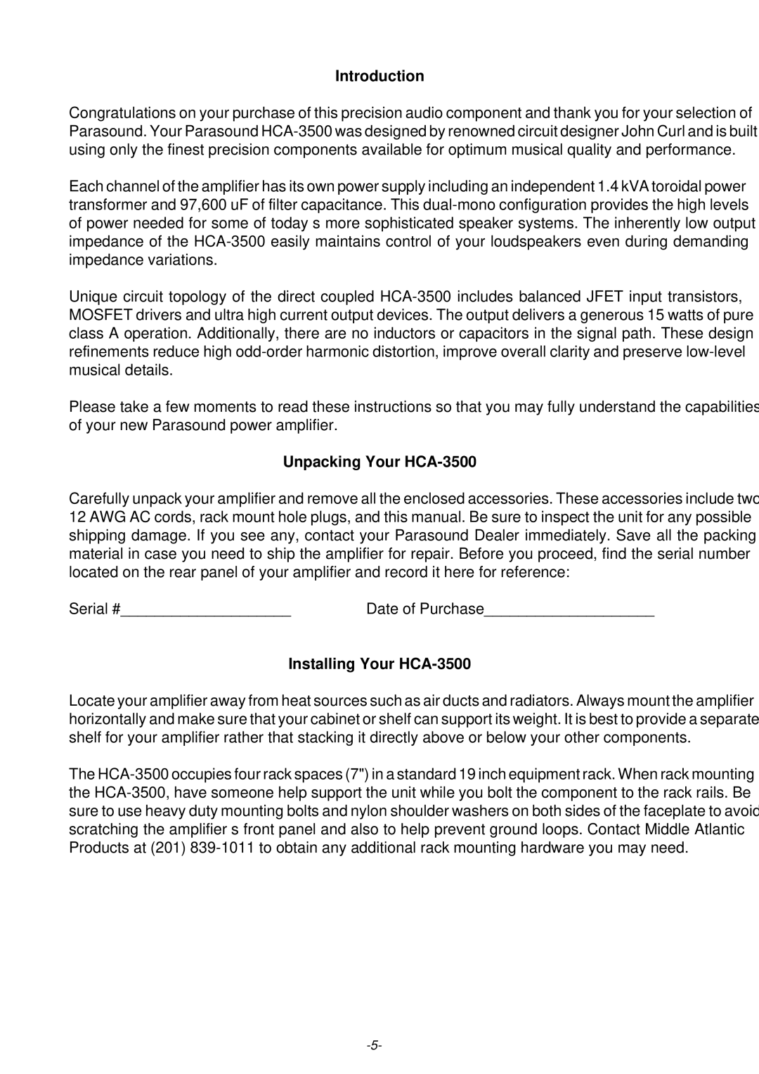 Parasound owner manual Unpacking Your HCA-3500, Installing Your HCA-3500 