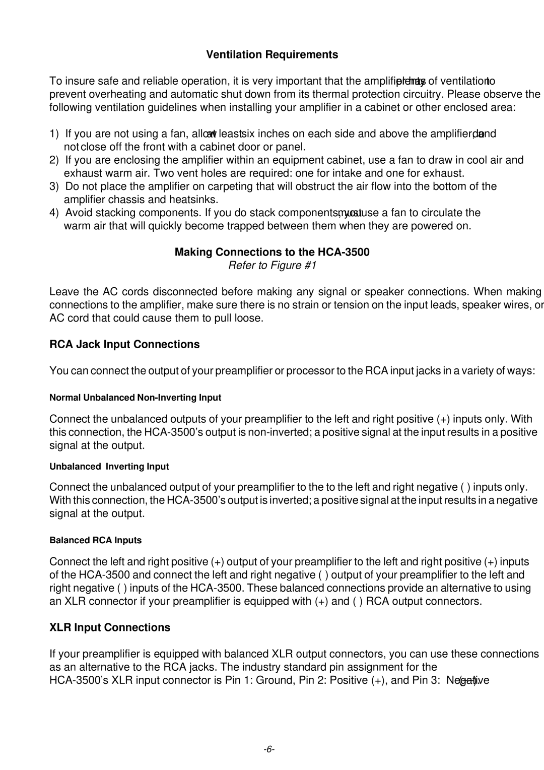 Parasound HCA-3500 owner manual Refer to Figure #1, RCA Jack Input Connections 