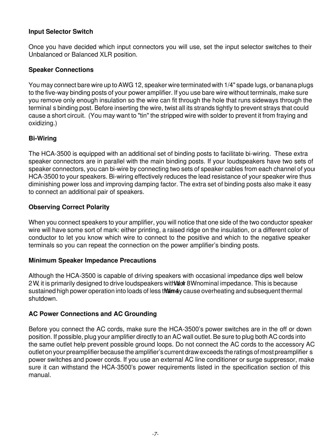 Parasound HCA-3500 owner manual Input Selector Switch, Observing Correct Polarity, Minimum Speaker Impedance Precautions 