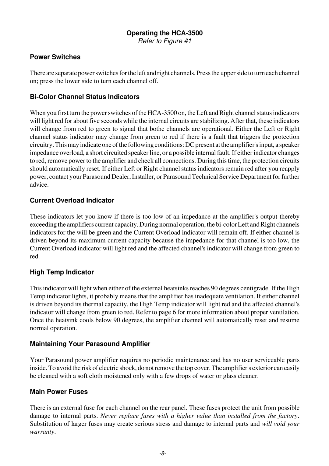 Parasound Operating the HCA-3500, Power Switches, Bi-Color Channel Status Indicators, Current Overload Indicator 