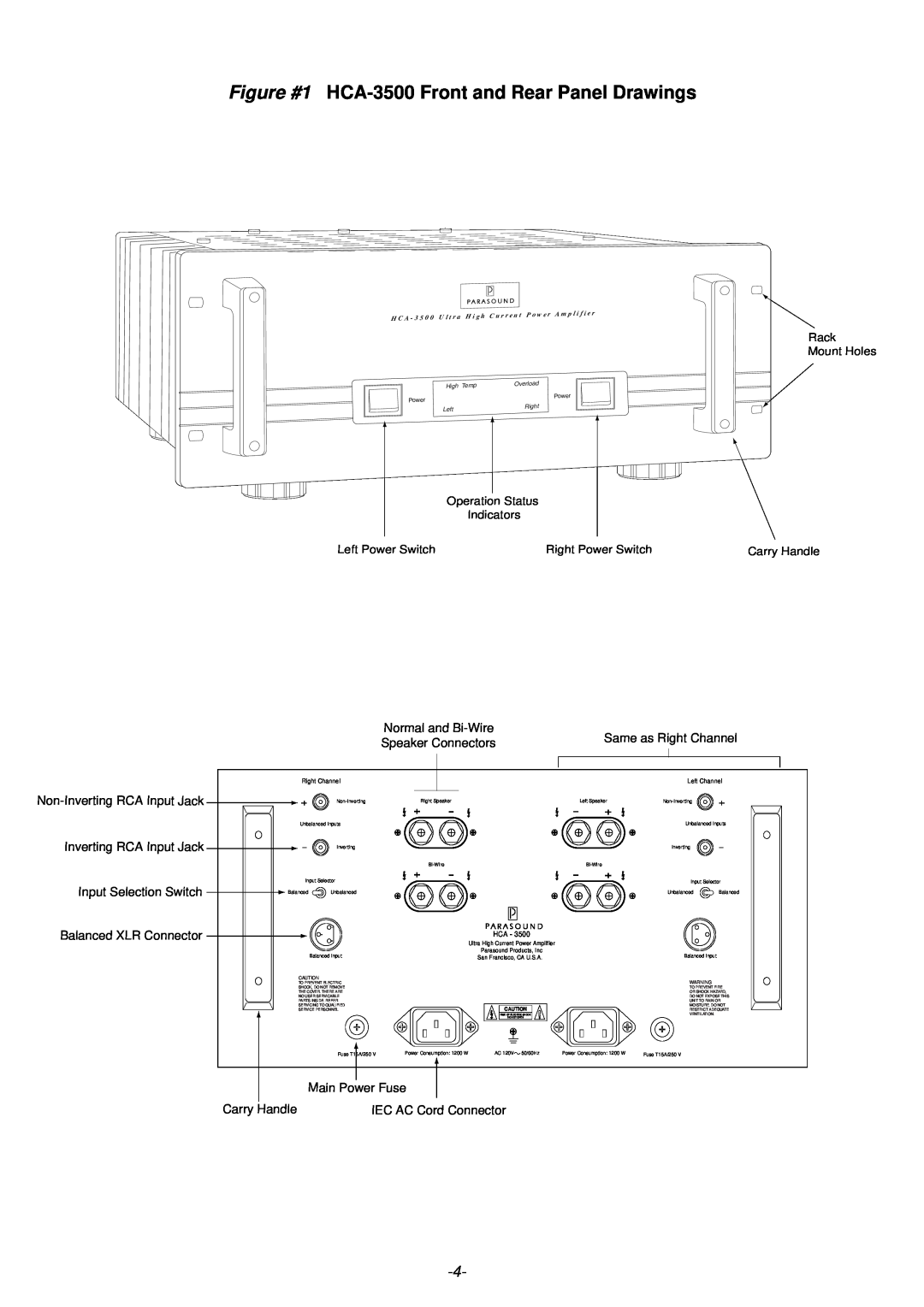 Parasound Figure #1 HCA-3500Front and Rear Panel Drawings, Same as Right Channel, Non-InvertingRCA Input Jack, Rack 