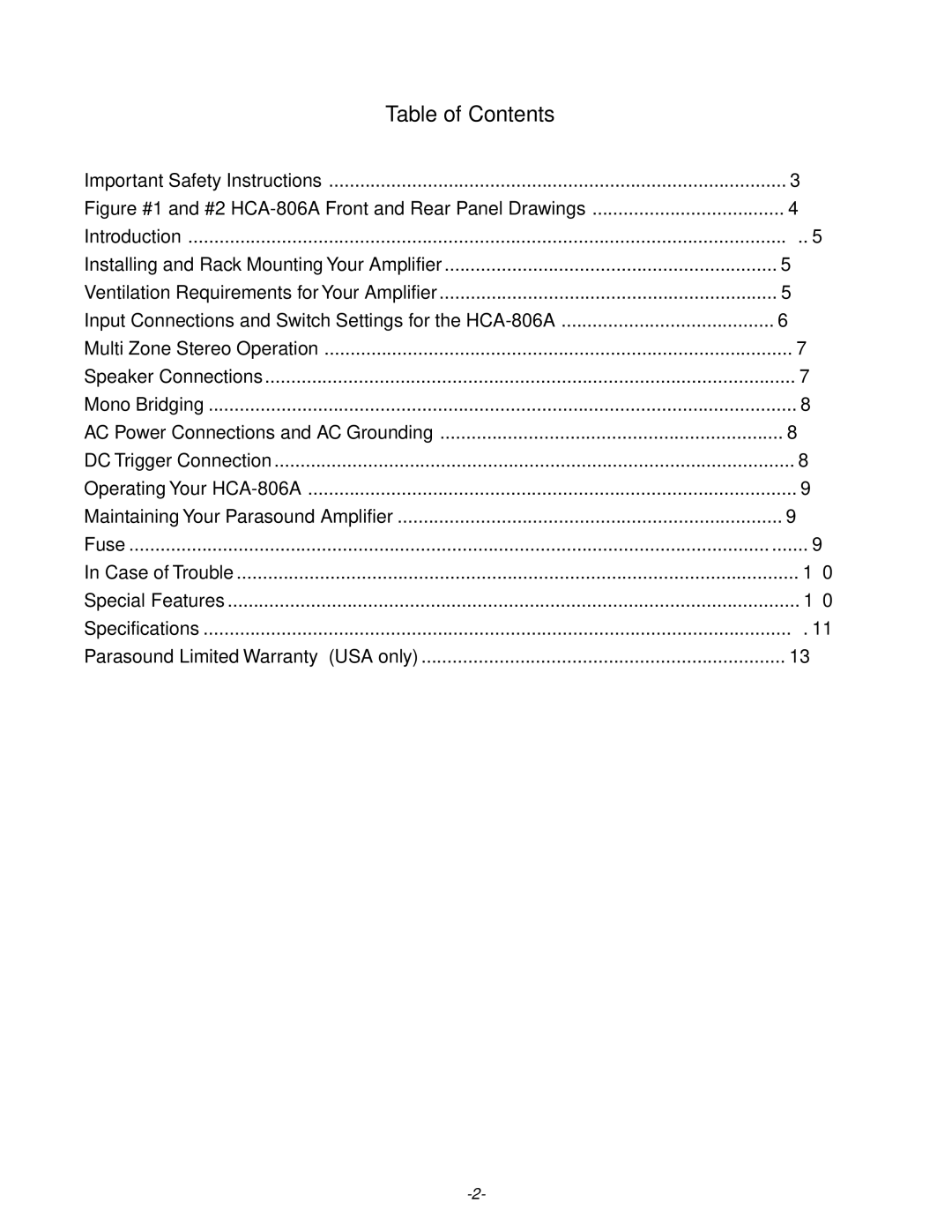 Parasound HCA 806A owner manual Table of Contents 