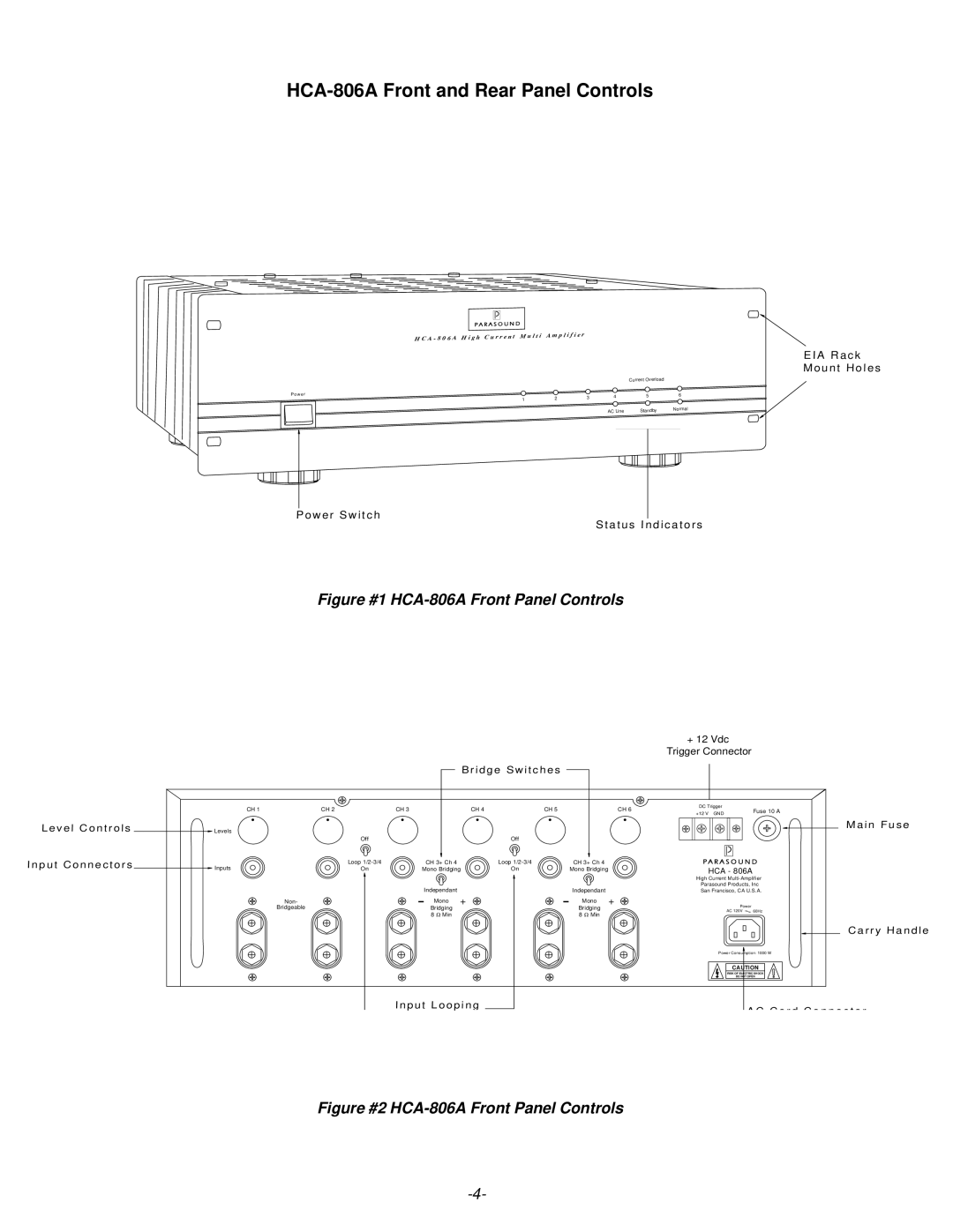 Parasound HCA 806A owner manual HCA-806A Front and Rear Panel Controls, W e r S w i t c h 