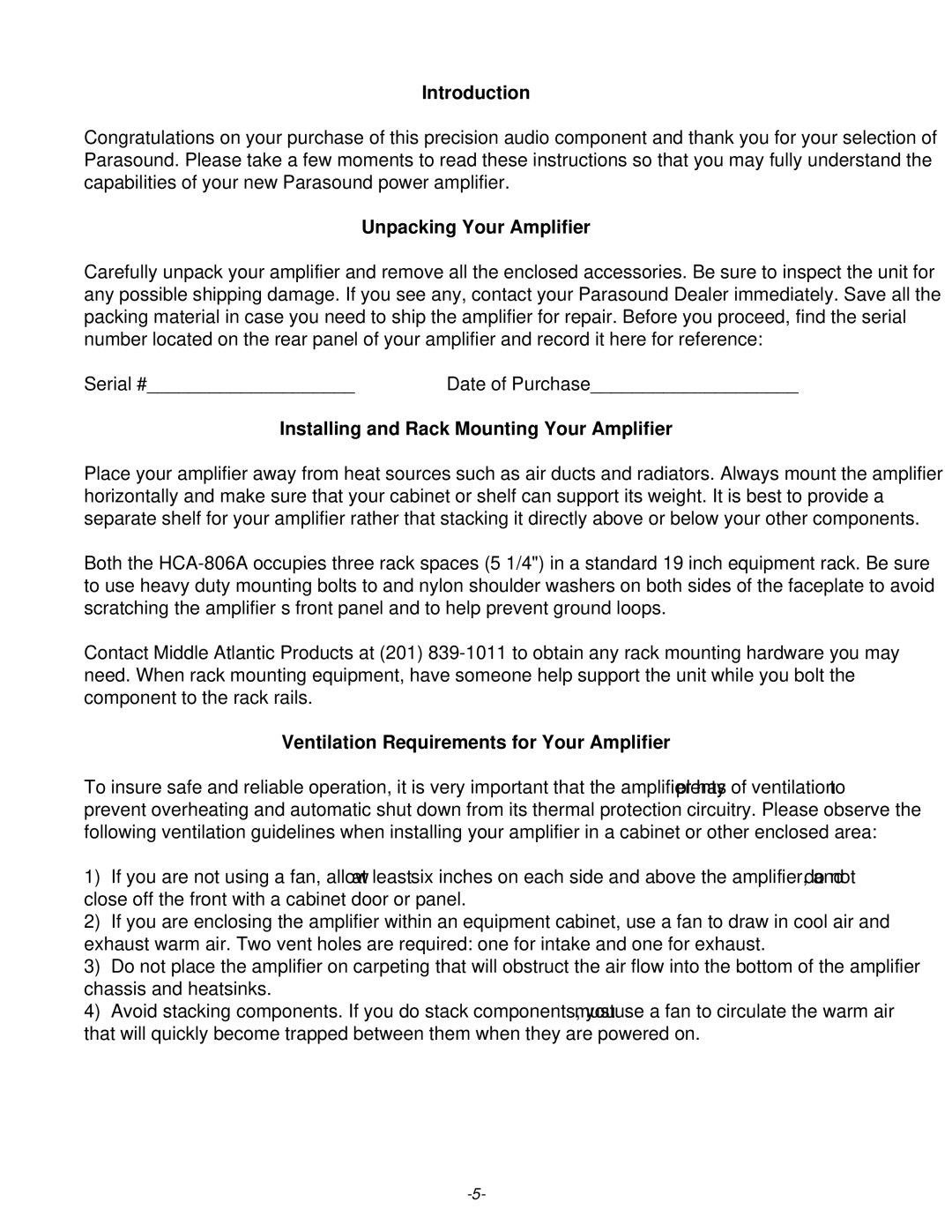 Parasound HCA 806A owner manual Introduction, Unpacking Your Amplifier 