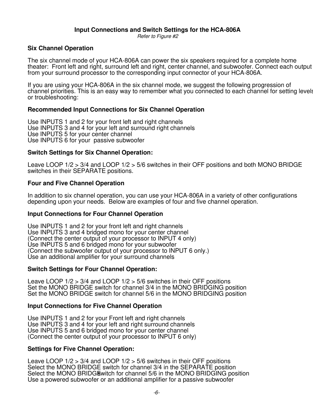 Parasound HCA 806A Recommended Input Connections for Six Channel Operation, Switch Settings for Six Channel Operation 