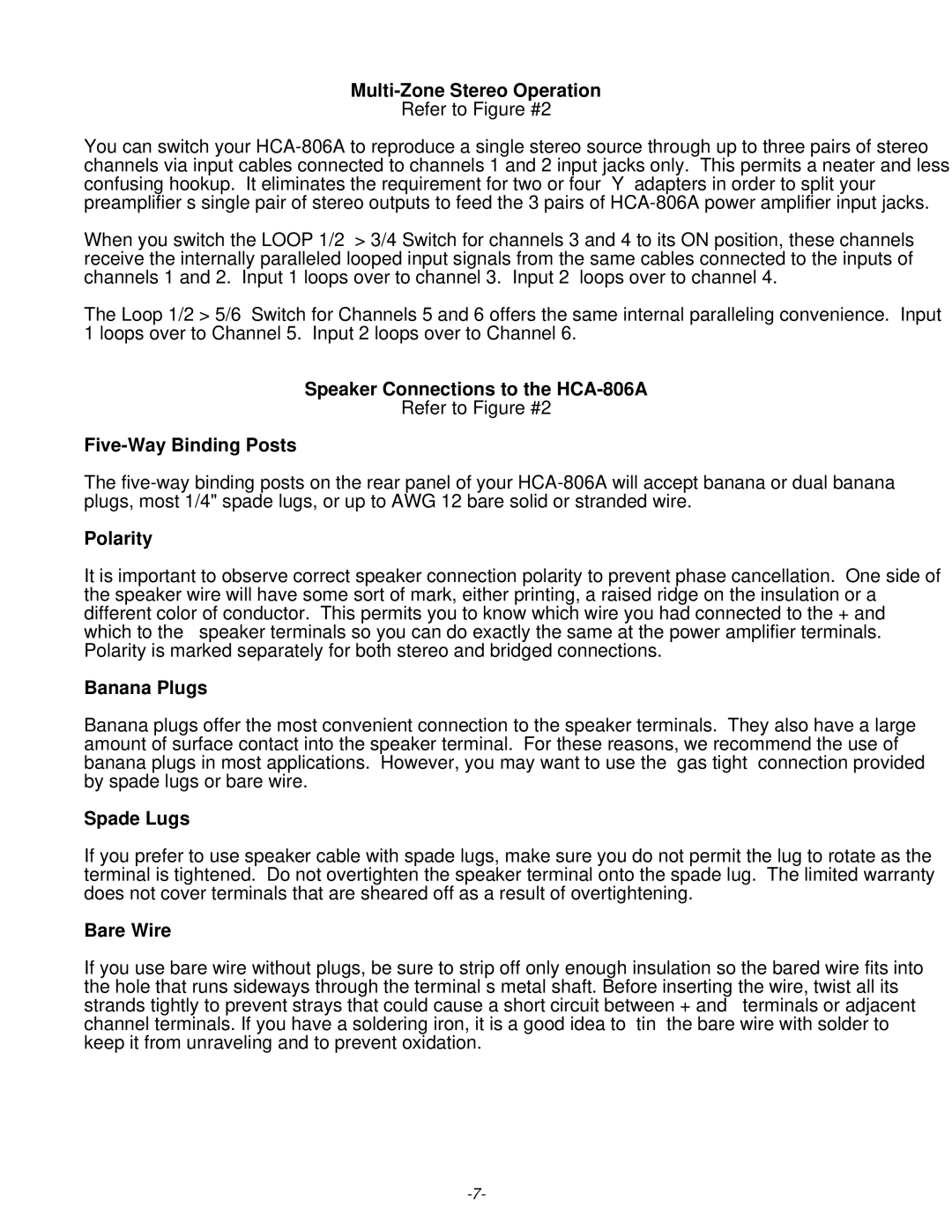 Parasound HCA 806A Multi-Zone Stereo Operation, Speaker Connections to the HCA-806A, Five-Way Binding Posts, Polarity 