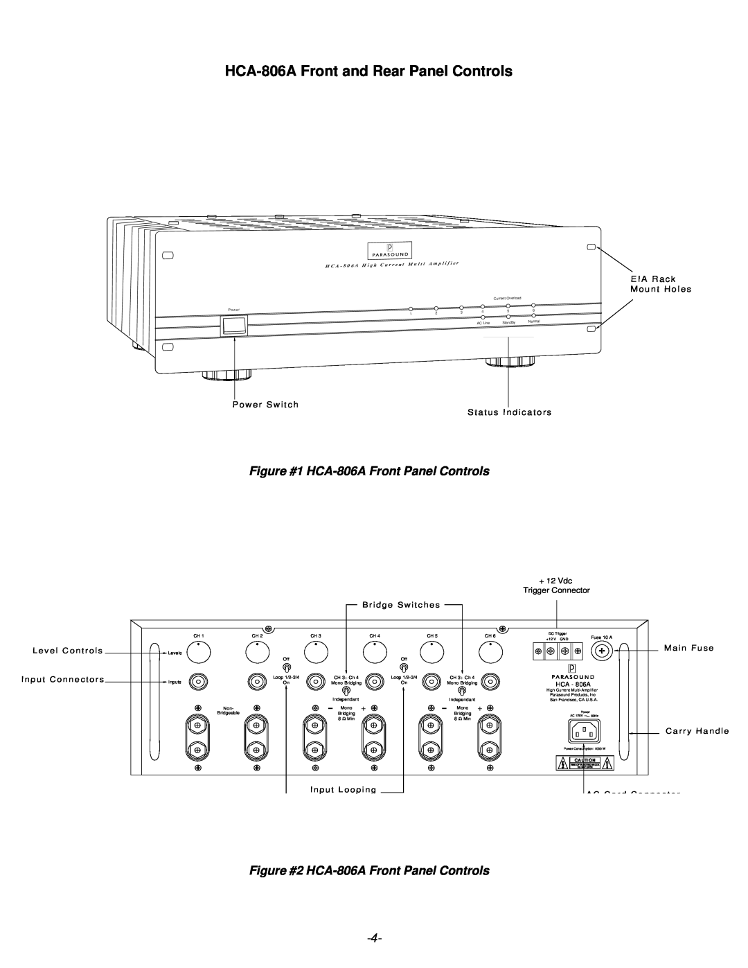 Parasound HCA 806A HCA-806AFront and Rear Panel Controls, Figure #1 HCA-806AFront Panel Controls, E I A R a c k 