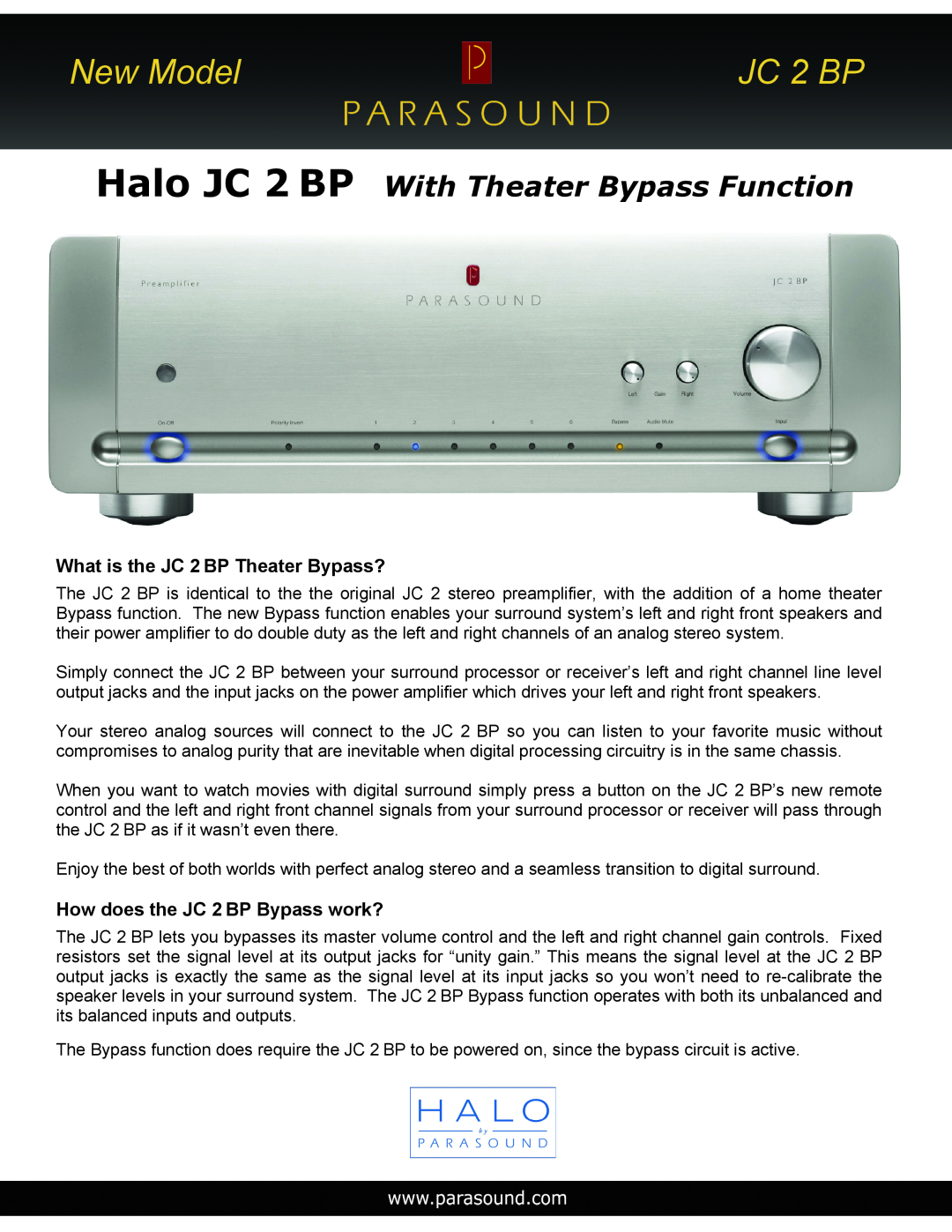 Parasound manual What is the JC 2 BP Theater Bypass?, How does the JC 2 BP Bypass work?, New Model 
