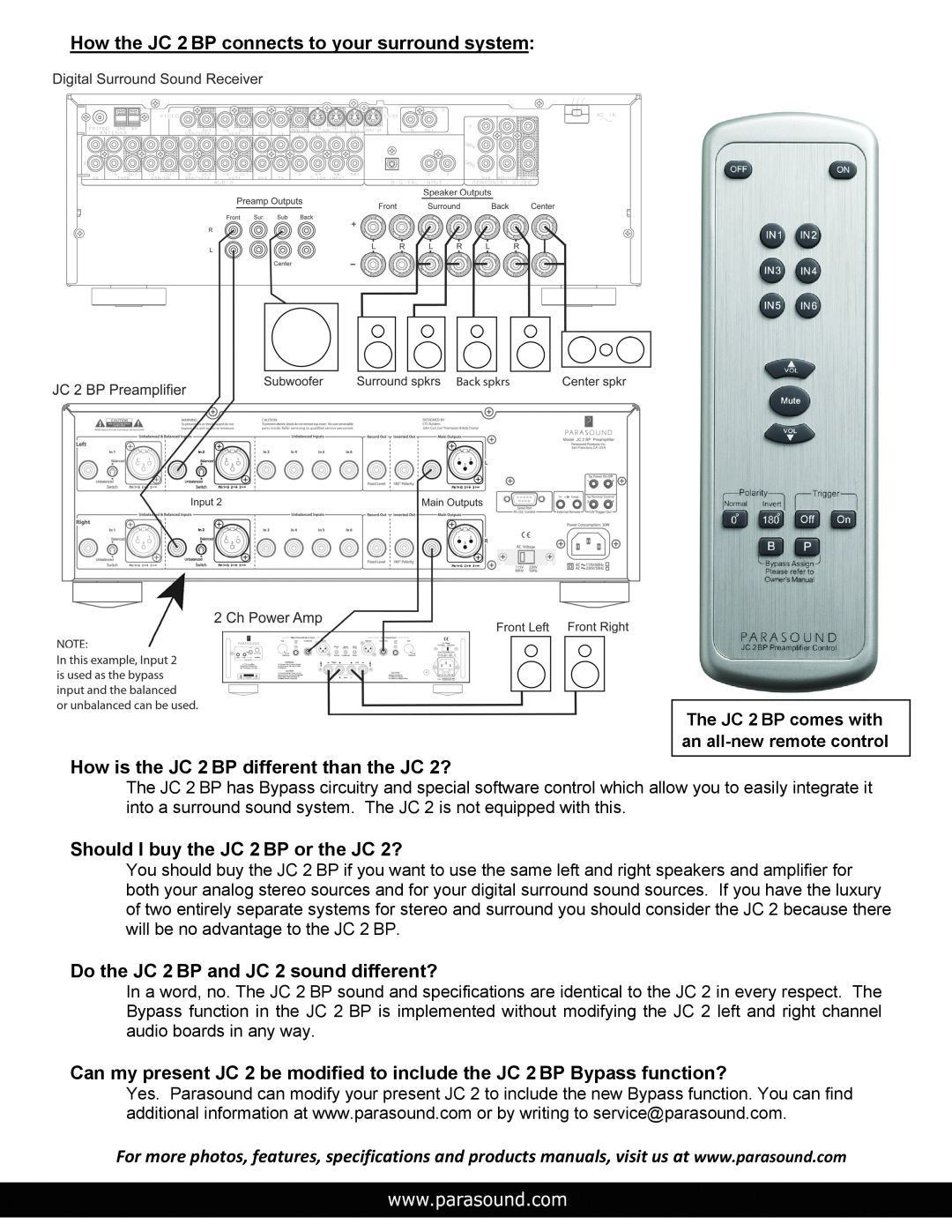 Parasound manual How the JC 2 BP connects to your surround system, How is the JC 2 BP different than the JC 2? 