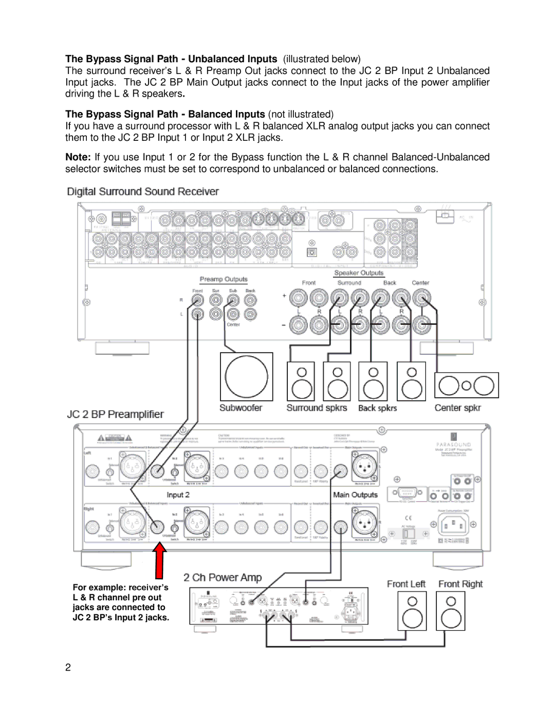 Parasound JC 2 Bypass Signal Path Unbalanced Inputs illustrated below, Bypass Signal Path Balanced Inputs not illustrated 