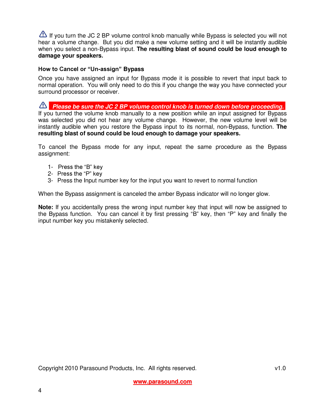 Parasound JC 2 BP manual How to Cancel or Un-assign Bypass 