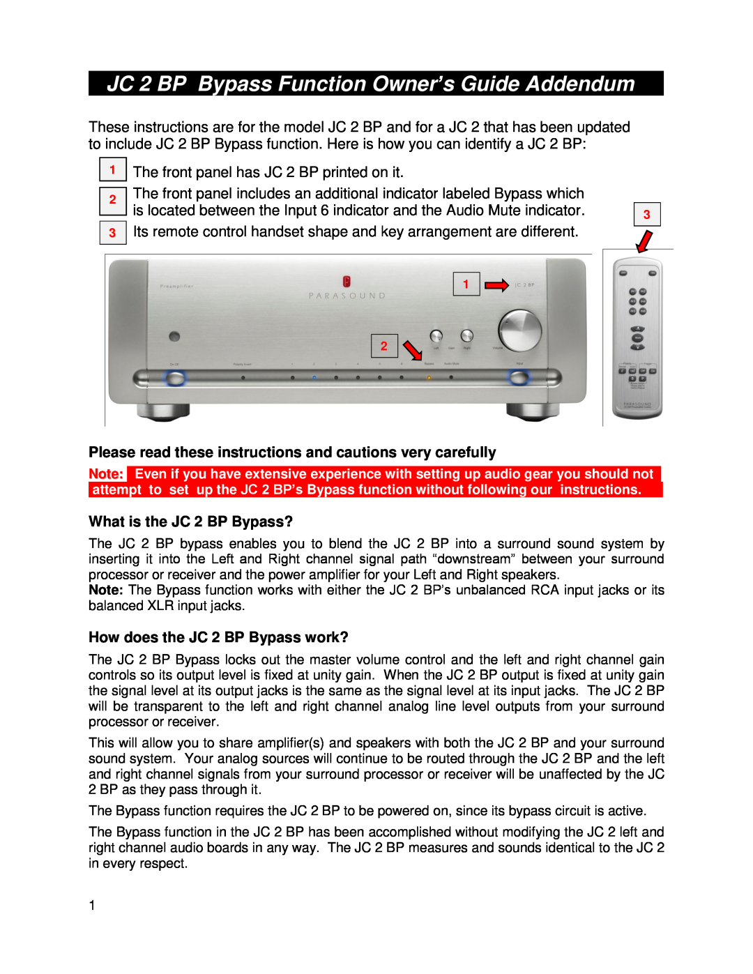 Parasound manual Please read these instructions and cautions very carefully, What is the JC 2 BP Bypass? 