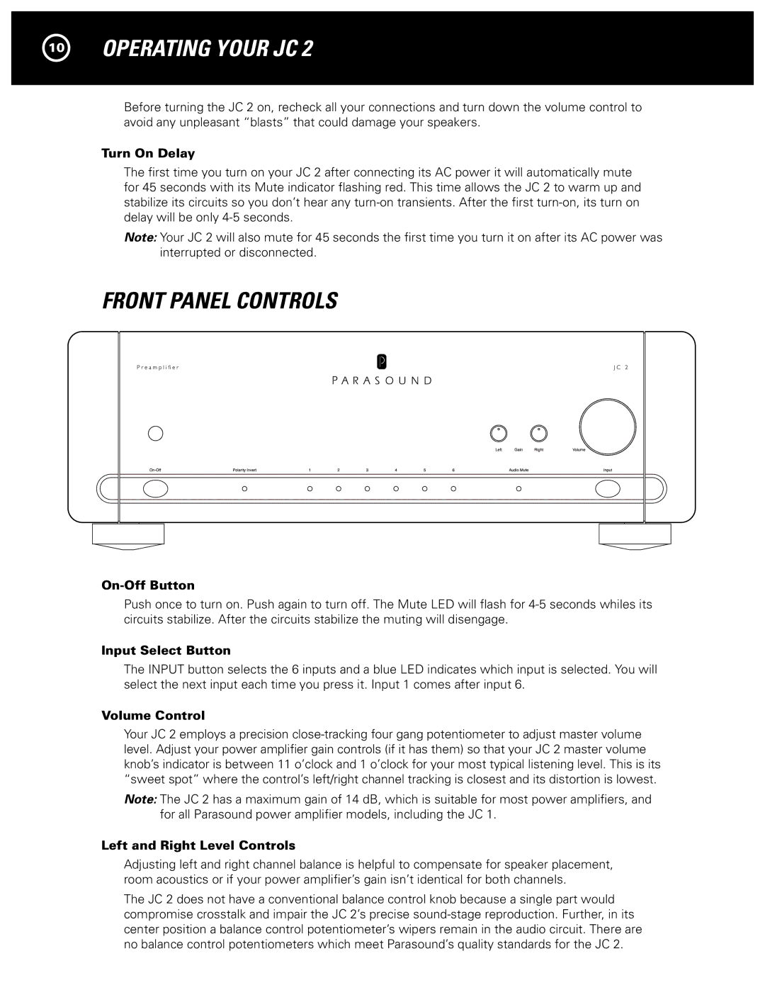 Parasound JC 2 manual Operating Your JC, Front Panel Controls 