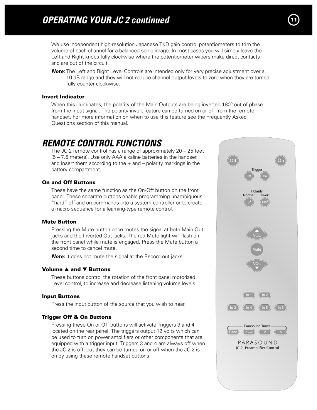 Parasound JC 2 manual Remote Control Functions 