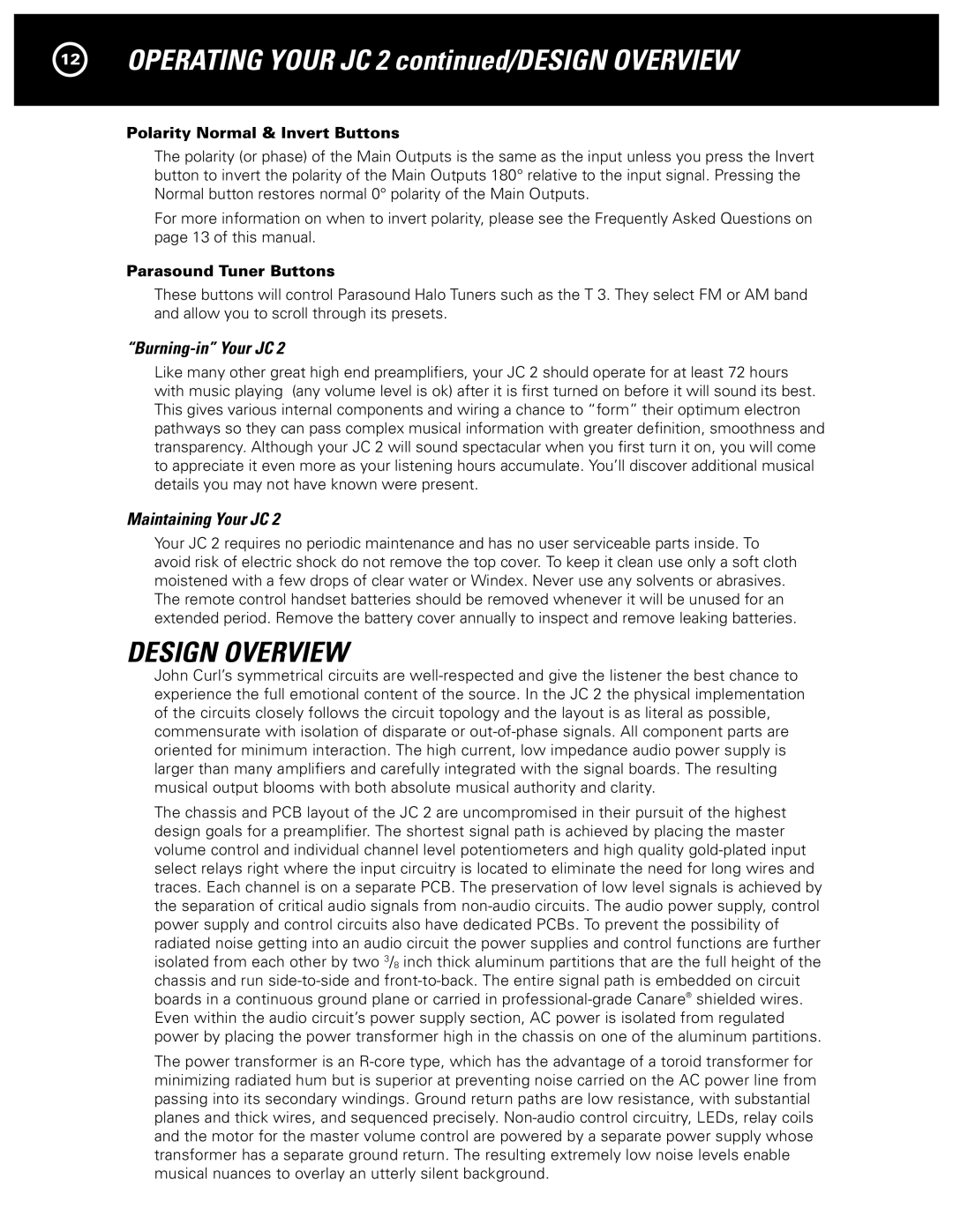 Parasound JC 2 manual Design Overview, Burning-in Your JC, Maintaining Your JC, Polarity Normal & Invert Buttons 