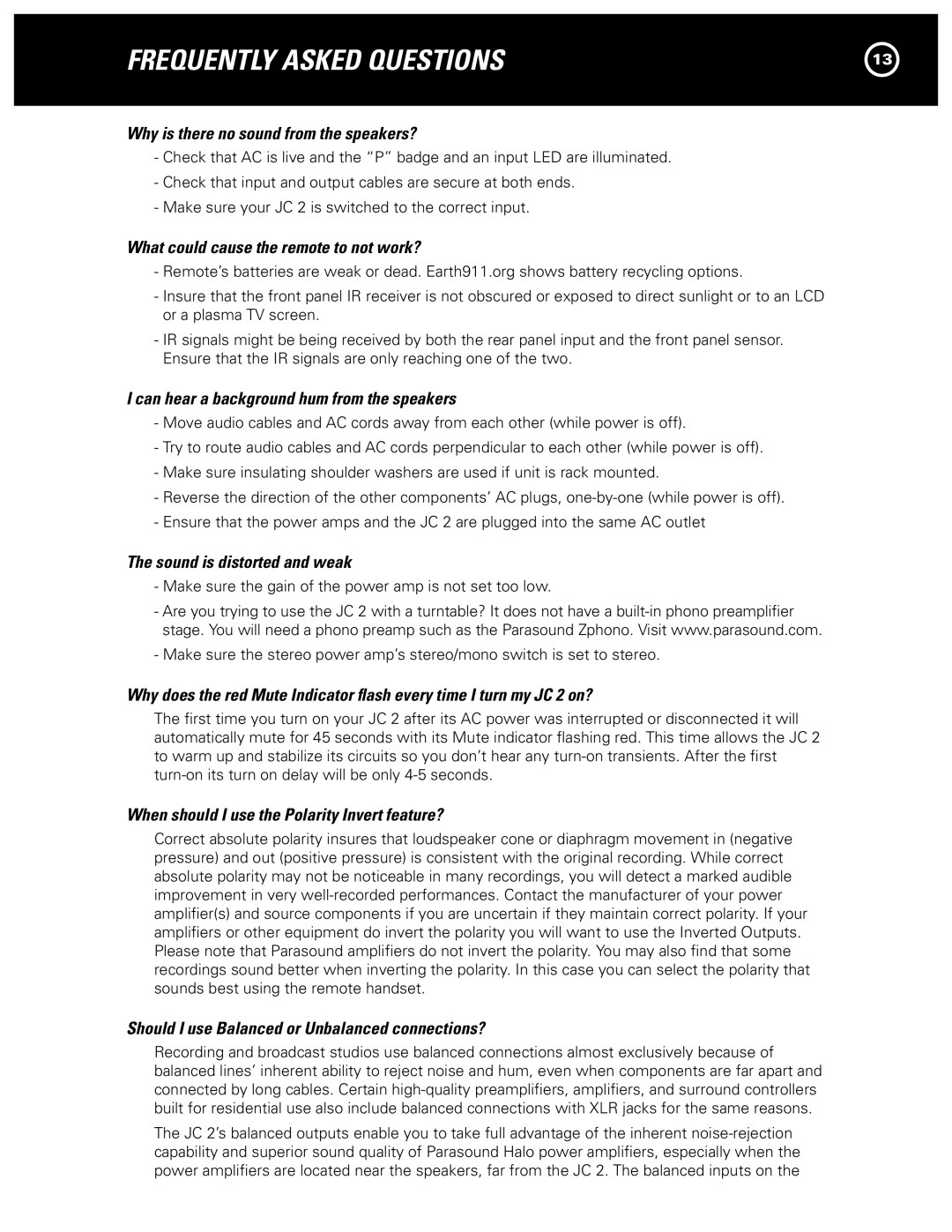 Parasound JC 2 manual Frequently Asked Questions 