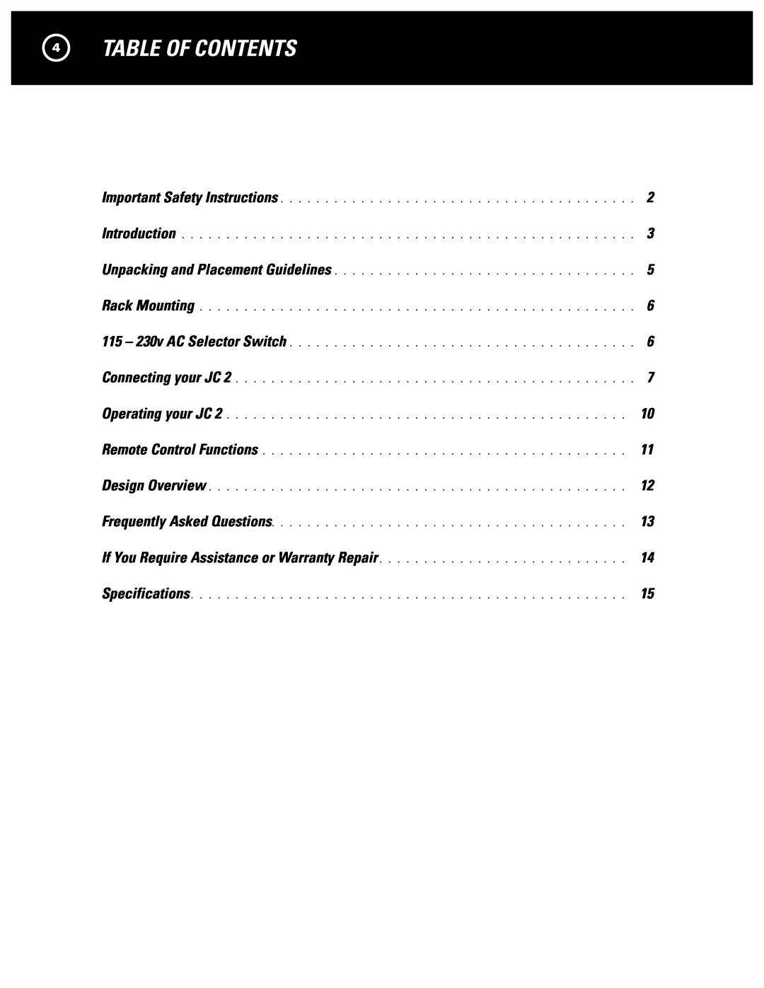 Parasound JC 2 manual 4TABLE OF CONTENTS 