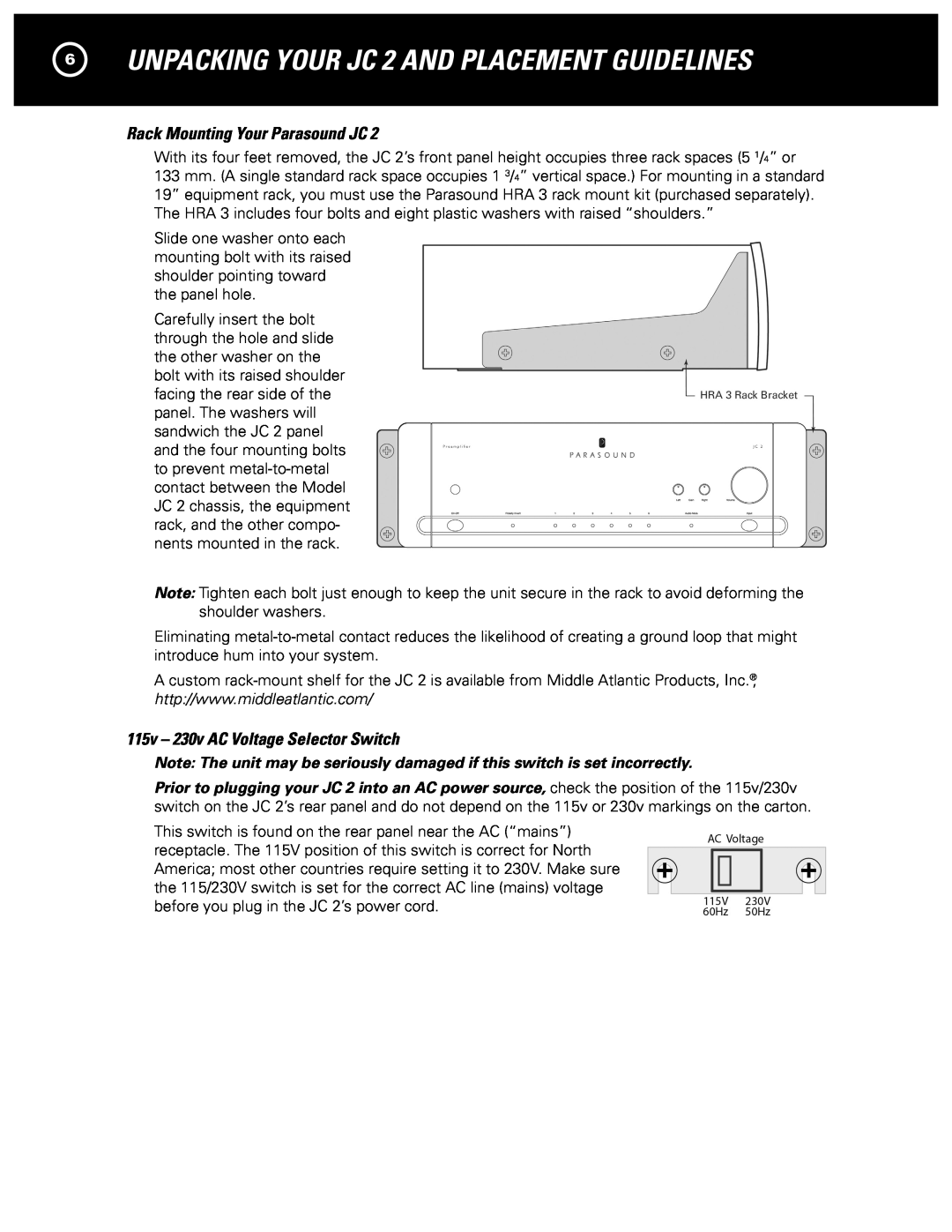 Parasound manual 6UNPACKING YOUR JC 2 AND PLACEMENT GUIDELINES, Rack Mounting Your Parasound JC 