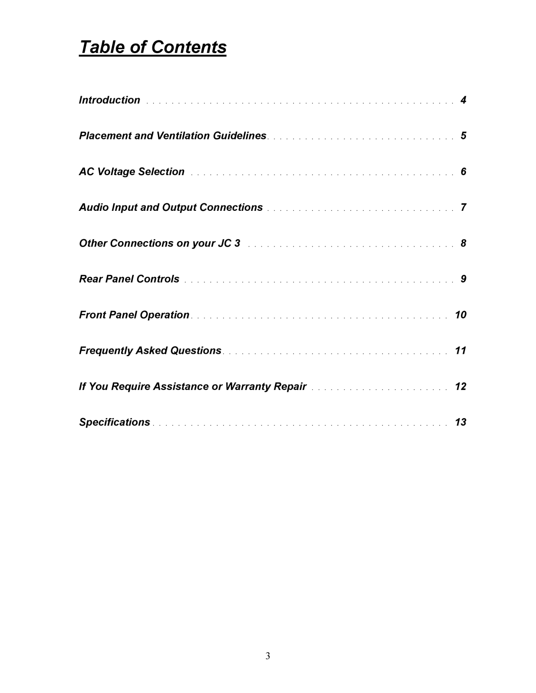 Parasound JC 3 manual Table of Contents 