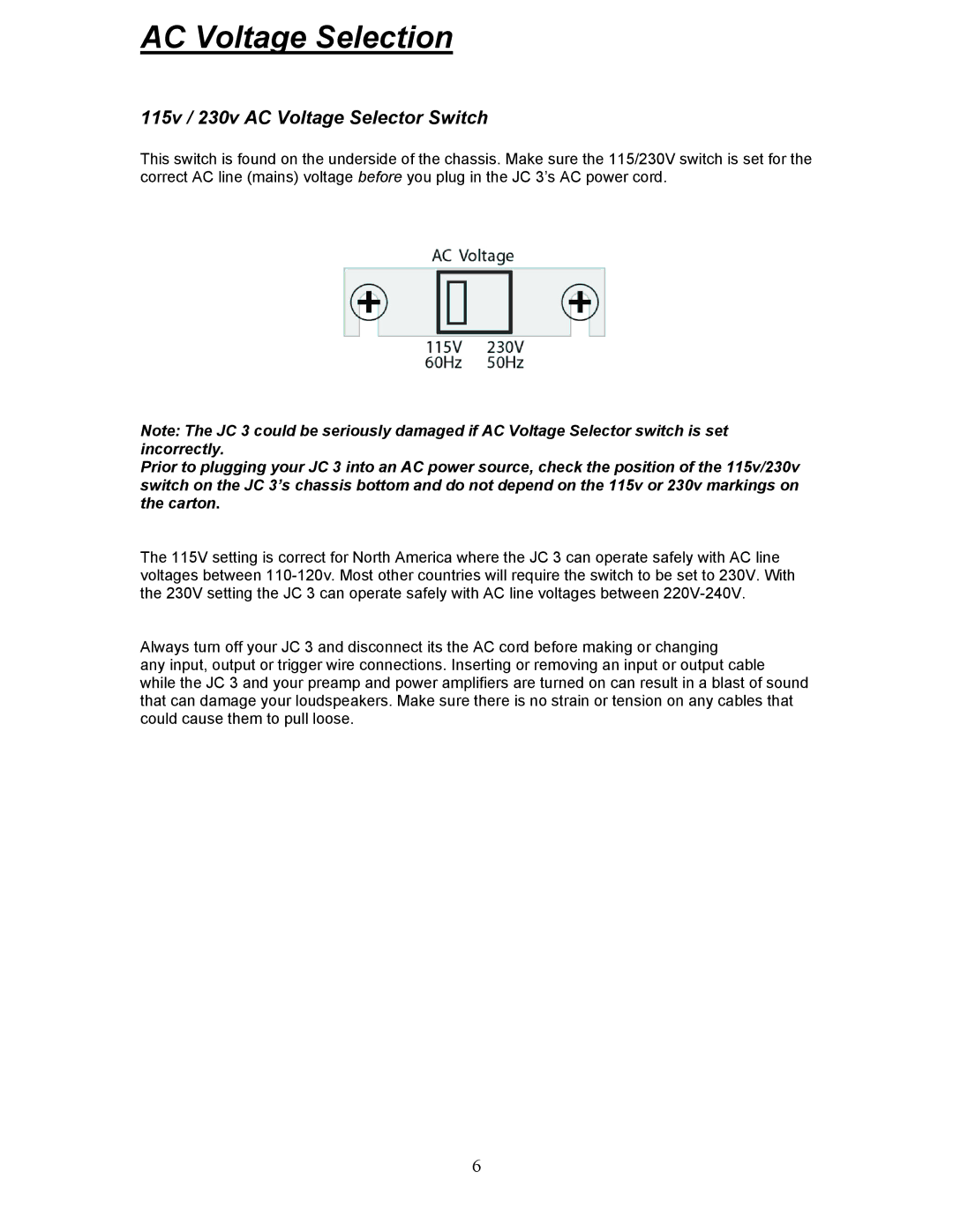 Parasound JC 3 manual AC Voltage Selection, 115v / 230v AC Voltage Selector Switch 