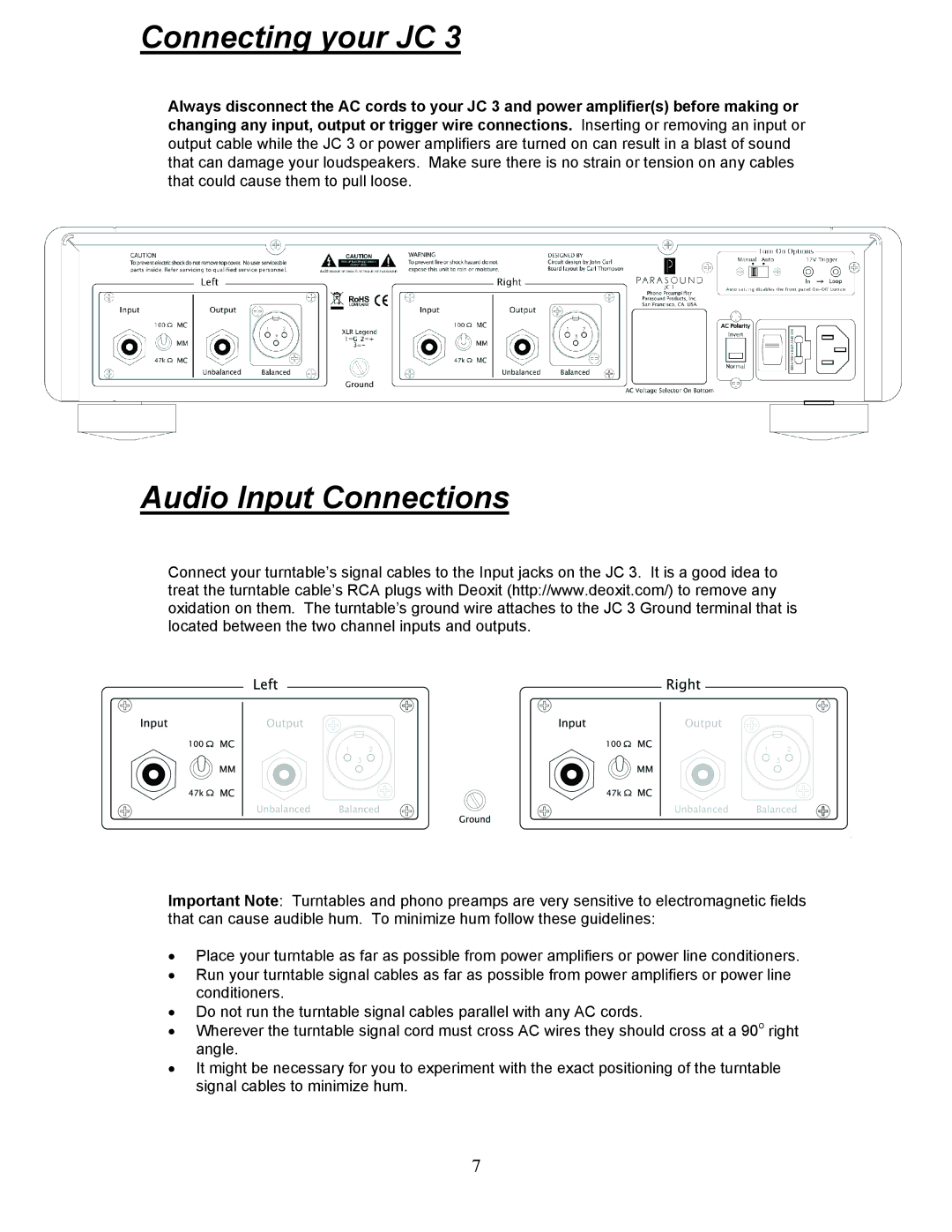 Parasound JC 3 manual Connecting your JC, Audio Input Connections 