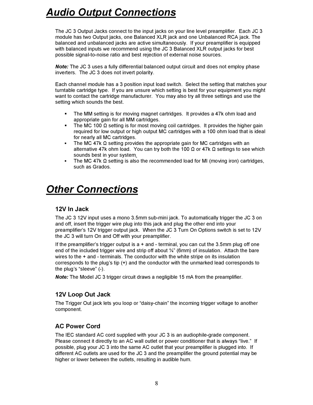 Parasound JC 3 manual Audio Output Connections, Other Connections, 12V In Jack, 12V Loop Out Jack, AC Power Cord 