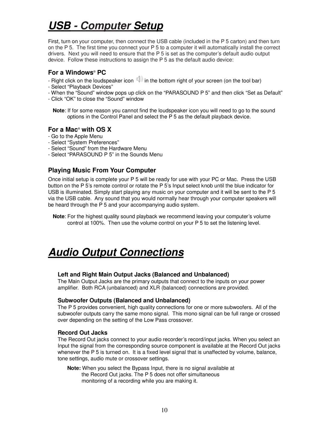 Parasound P 5 manual Audio Output Connections, Left and Right Main Output Jacks Balanced and Unbalanced, Record Out Jacks 