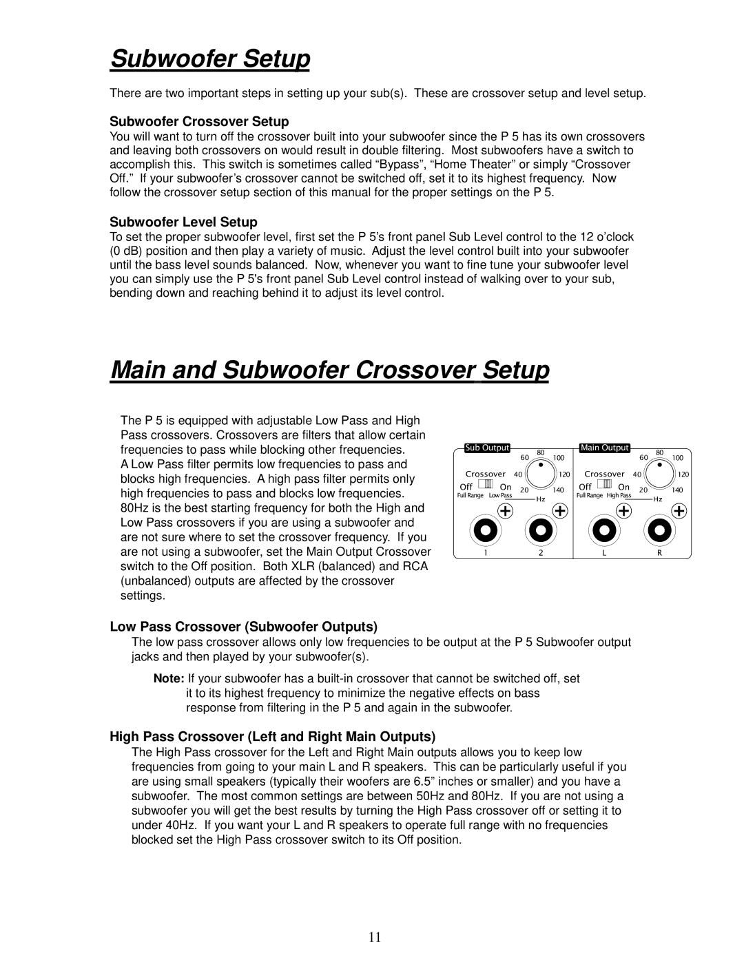 Parasound P 5 manual Subwoofer Setup, Main and Subwoofer Crossover Setup 