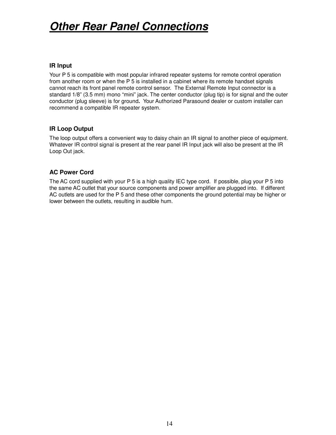 Parasound P 5 manual Other Rear Panel Connections, IR Input, IR Loop Output, AC Power Cord 