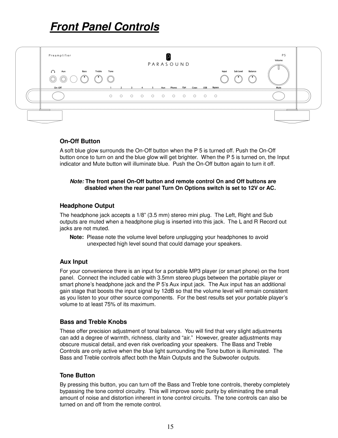 Parasound P 5 manual Front Panel Controls 