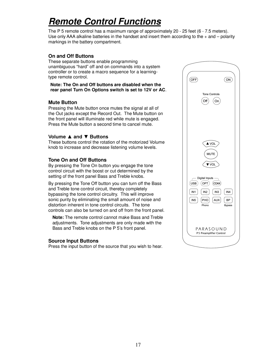 Parasound P 5 manual Remote Control Functions, Volume and Buttons, Tone On and Off Buttons, Source Input Buttons 