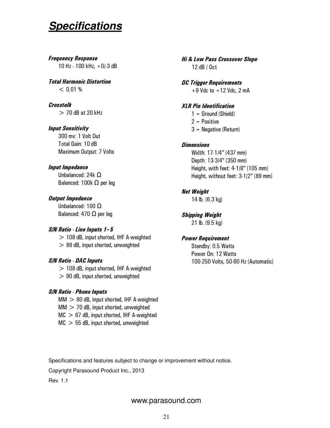 Parasound P 5 manual Specifications, Ratio Phono Inputs 