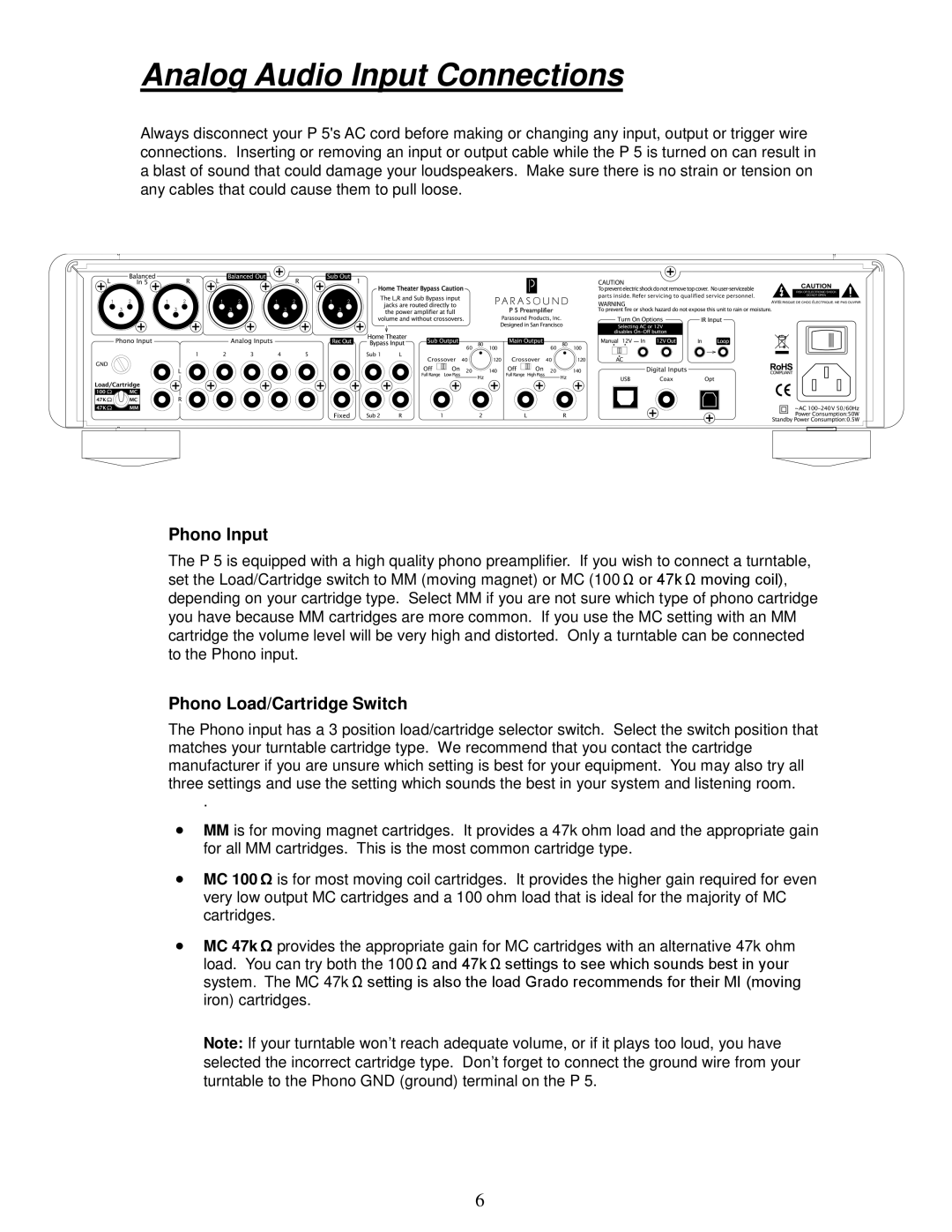 Parasound P 5 manual Analog Audio Input Connections, Phono Input, Phono Load/Cartridge Switch 