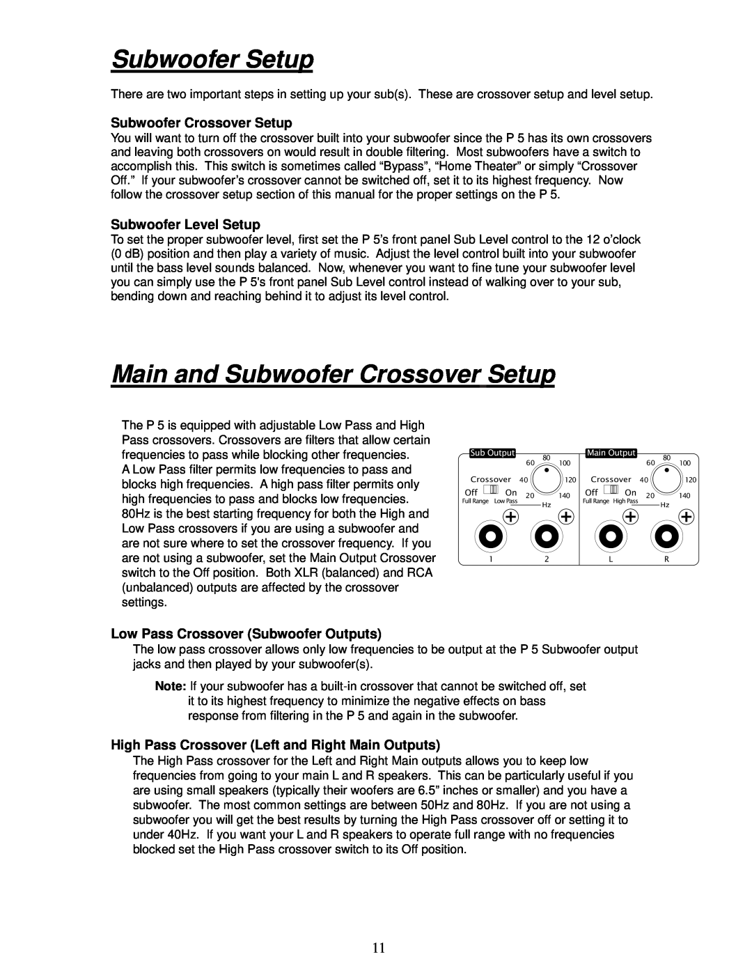 Parasound P 5 manual Subwoofer Setup, Main and Subwoofer Crossover Setup, Subwoofer Level Setup 