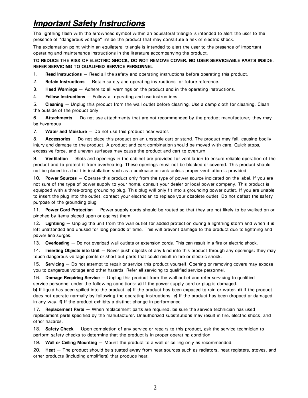 Parasound P 5 manual Important Safety Instructions 