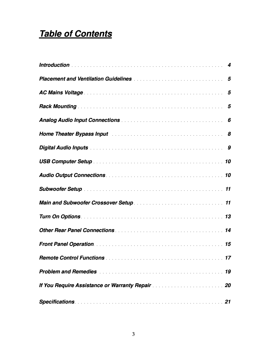 Parasound P 5 manual Table of Contents 