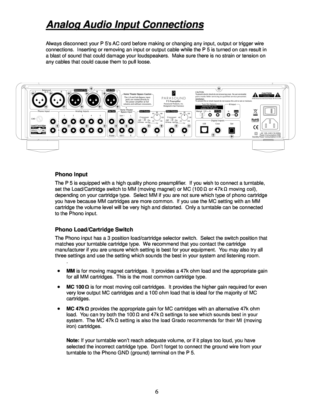 Parasound P 5 manual Analog Audio Input Connections, Phono Input, Phono Load/Cartridge Switch 