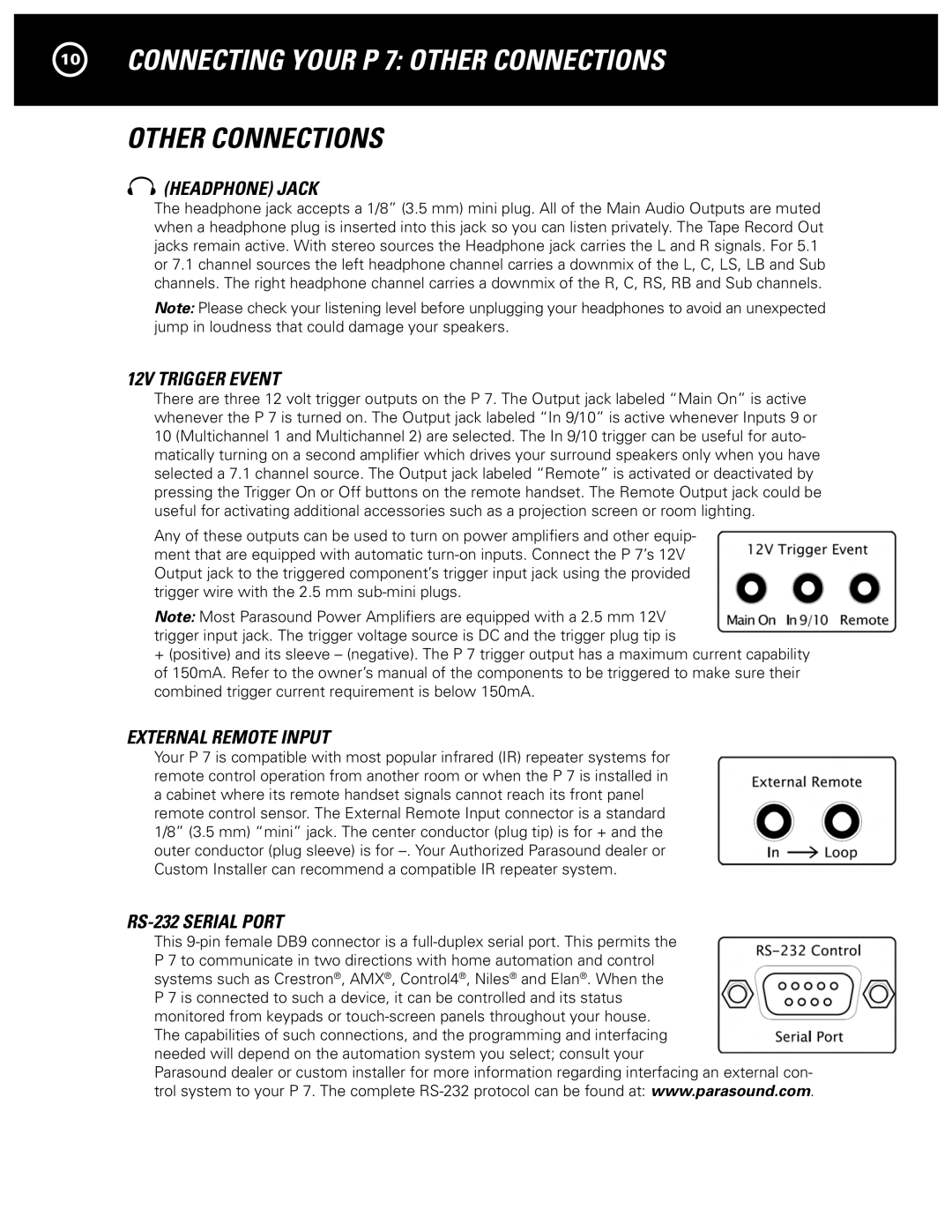 Parasound manual Connecting Your P 7 Other Connections, Headphone Jack, 12V Trigger Event, External Remote Input 