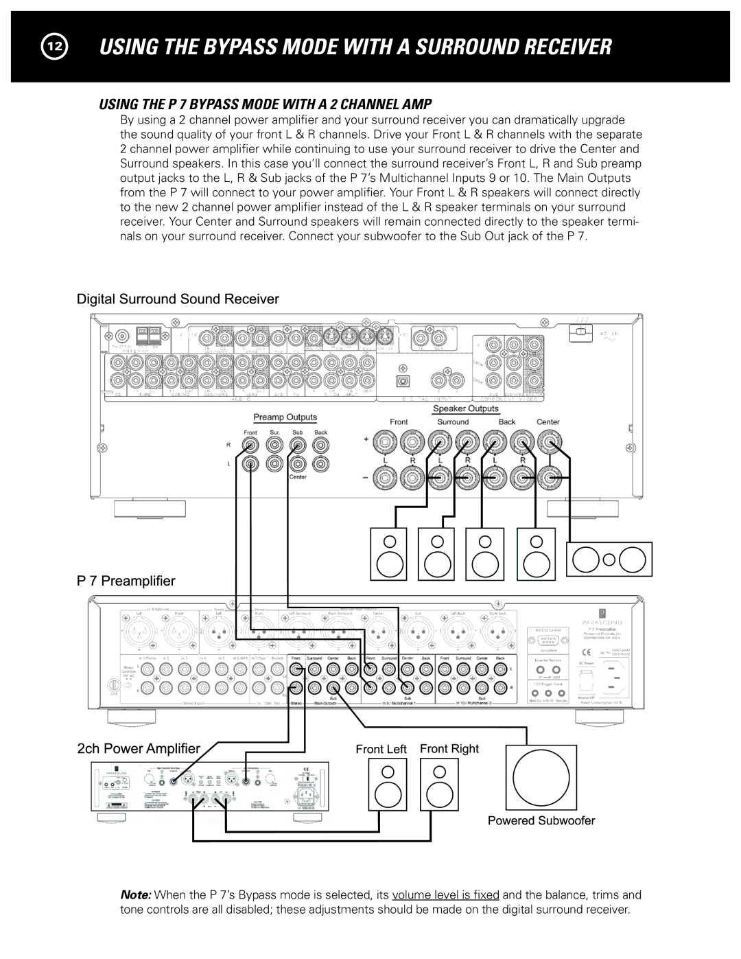 Parasound manual Using the Bypass Mode with a Surround Receiver, Using the P 7 Bypass Mode with a 2 Channel AMP 