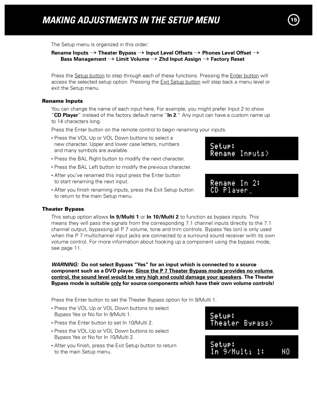 Parasound P 7 manual Setup menu is organized in this order 