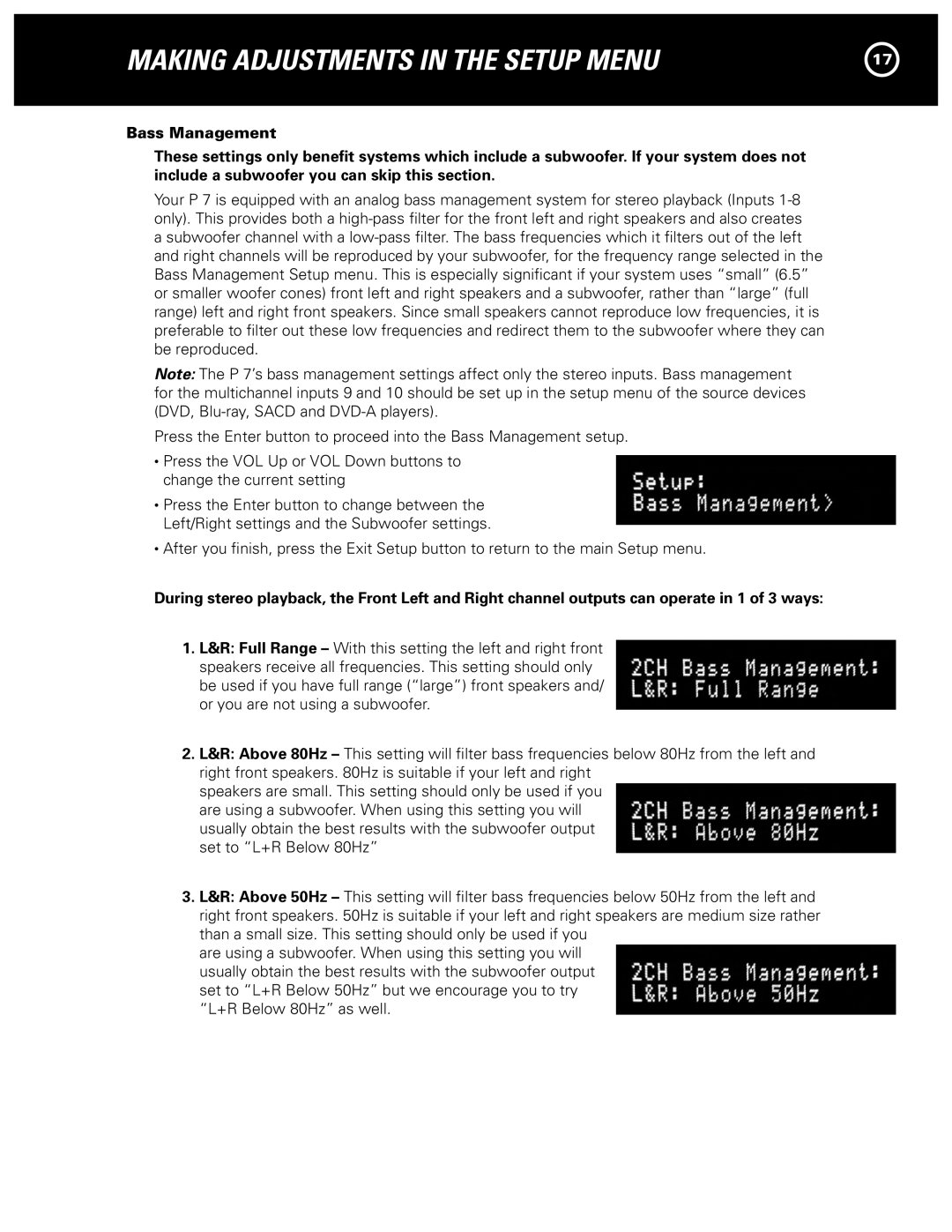 Parasound P 7 manual Making Adjustments in the Setup Menu 