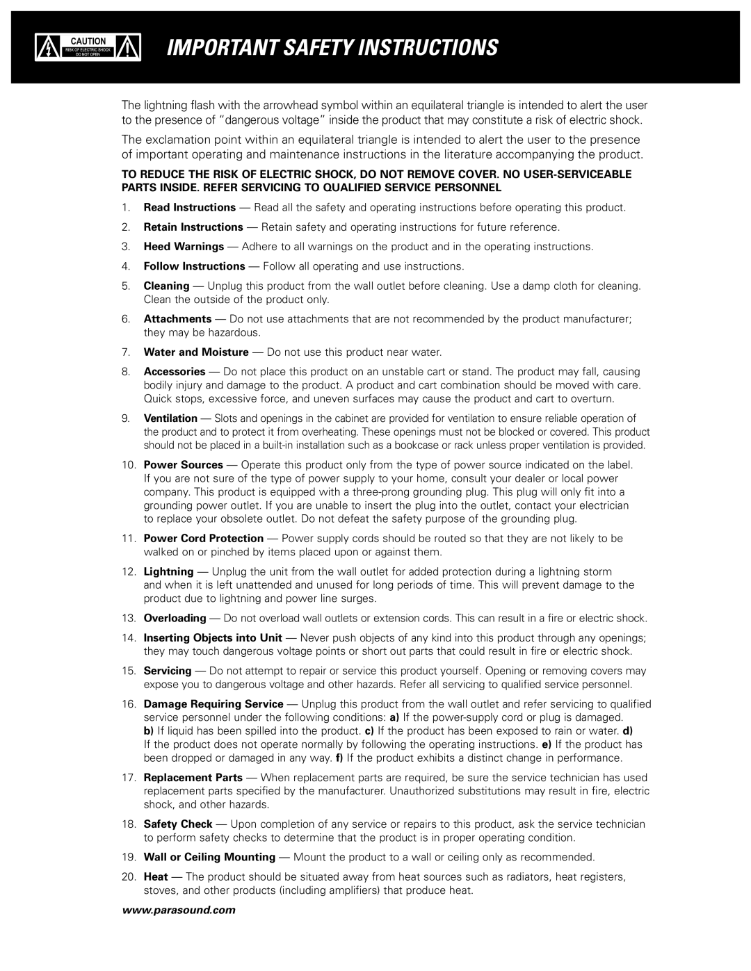 Parasound P 7 manual Important Safety Instructions 