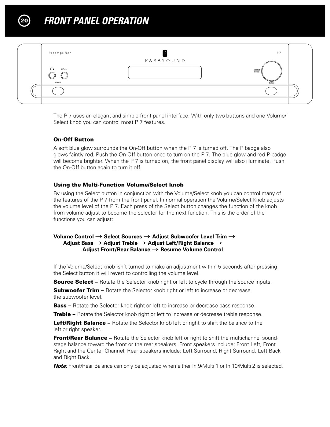 Parasound P 7 manual Front Panel Operation, On-Off Button, Using the Multi-Function Volume/Select knob 